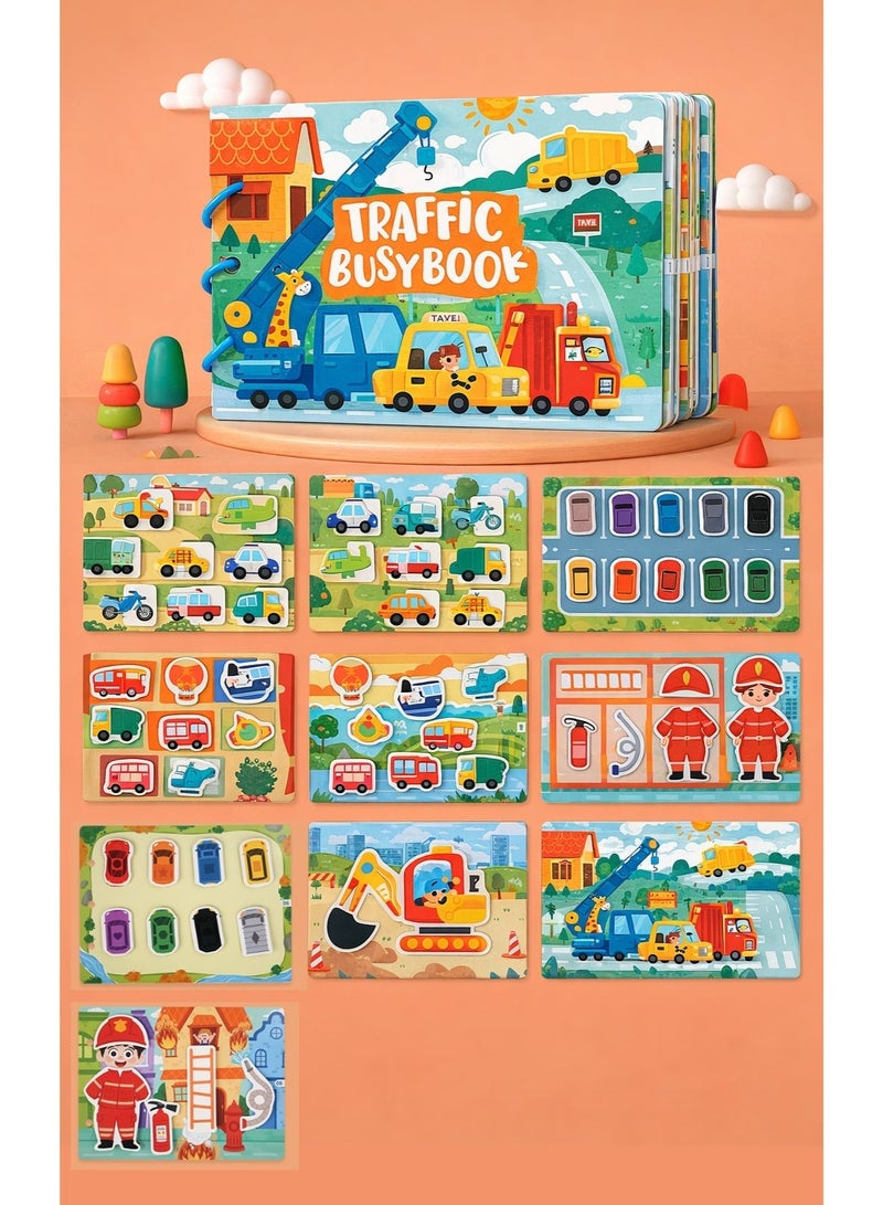 Norello Transportation Busy Book for Toddlers 3+, Educational Toy with Reusable Velcro Stickers, Traffic & Vehicles Learning Activity Book, 10 Interactive Pages - Image 2